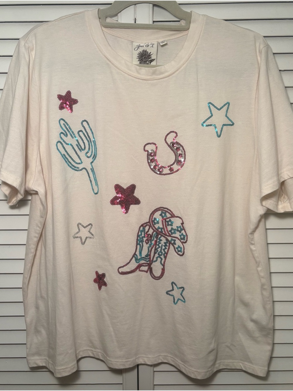Joei & I Cream Short Sleeve Sequin Western Tee